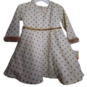 Youngland Girls Dress‎ Cream Gold Polka Dot Sequin Belt Faux Fur Cuff Holiday 2t